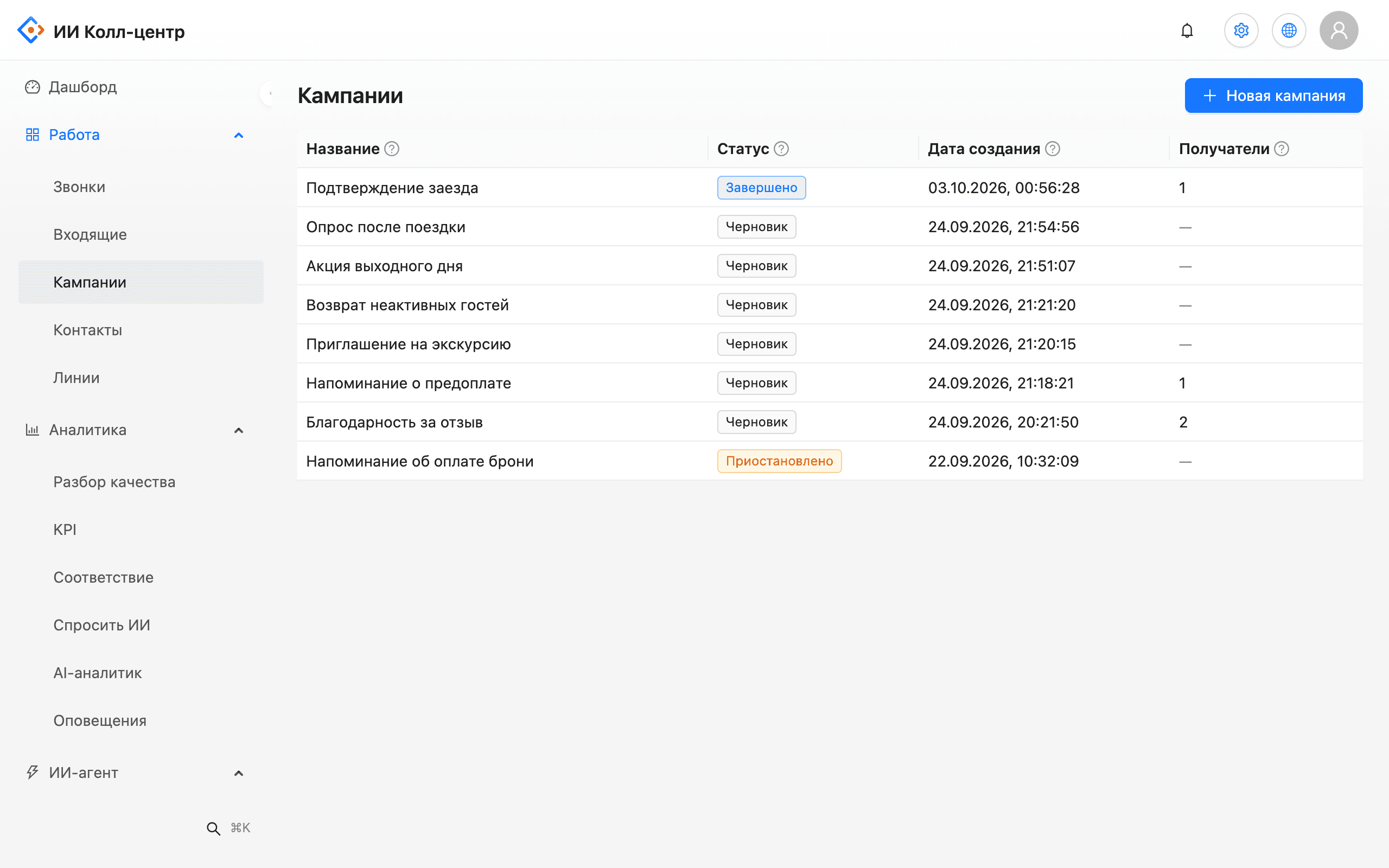 Список исходящих кампаний со статусом, датой создания и числом получателей